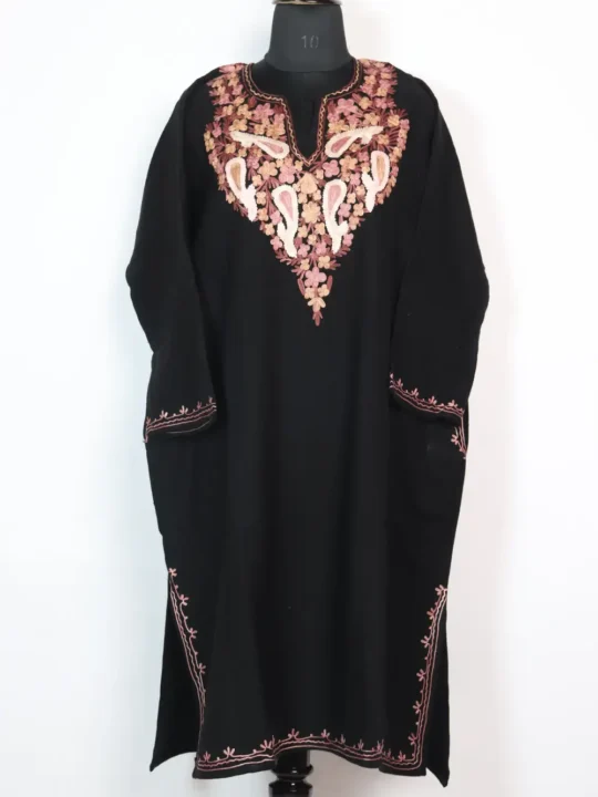 Cashmilon Wool Hayah Black Pheran with Aari Embroidery