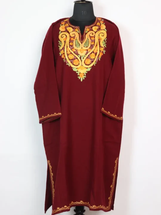 Cashmilon Wool Maroon Pheran with Aari Embroidery