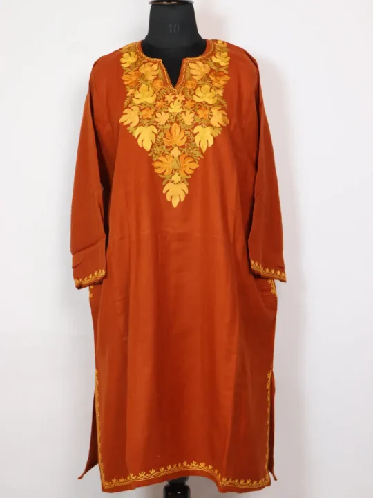 Mustard Cashmilon Wool Pheran with Chinar Aari Embroidery