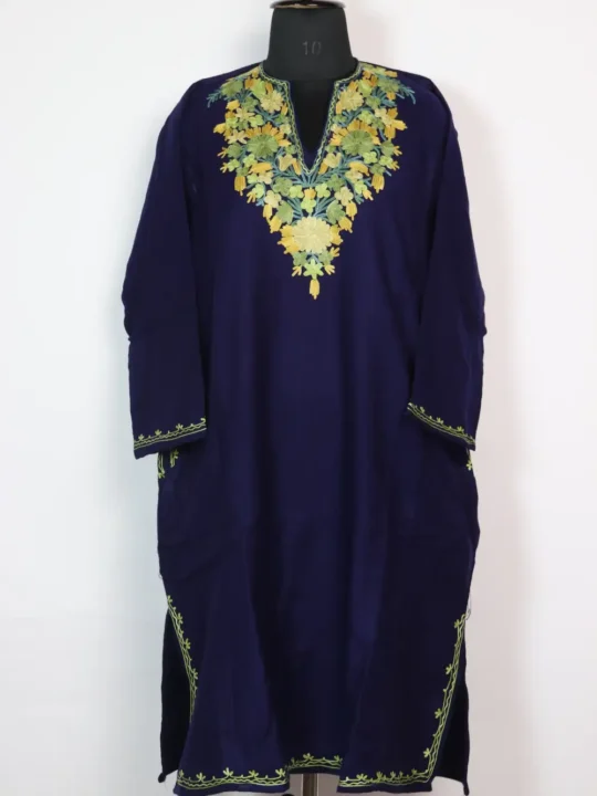 Aari Embroidery Dark Blue in Cashmilon Wool Pheran
