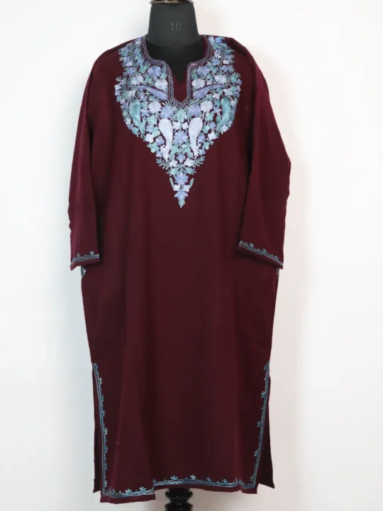 Mahir Aari Embroidery Cashmilon Wool Wine Pheran