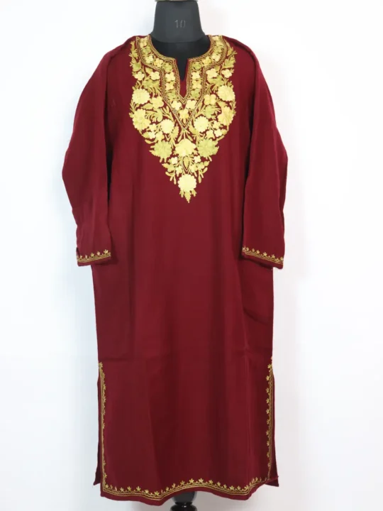 Maroon Aari Embroidery Roshni Cashmilon Wool Pheran