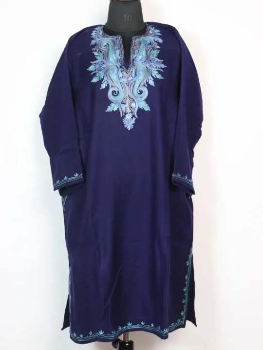 Adeel Dark Blue Cashmilon Wool Pheran with Aari Embroidery