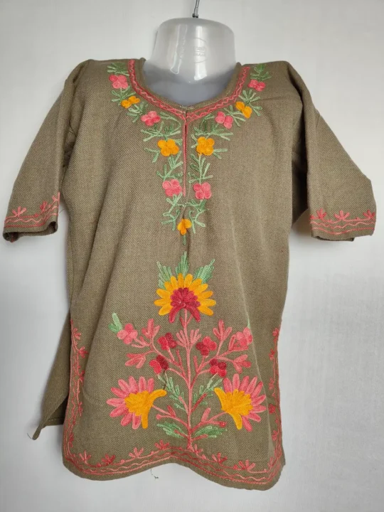 Beige Cashmilon Wool Girls Aari Embroidery Nazakat Pheran (2-3 years)