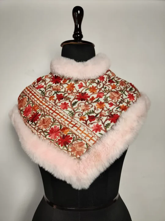 White Aari Embroidery Nazakat Kids Fur Poncho in Cashmilon Wool