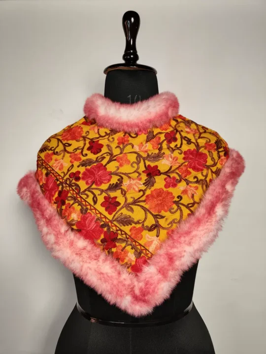 Cashmilon Wool Mustard Kids Fur Poncho with Aari Work