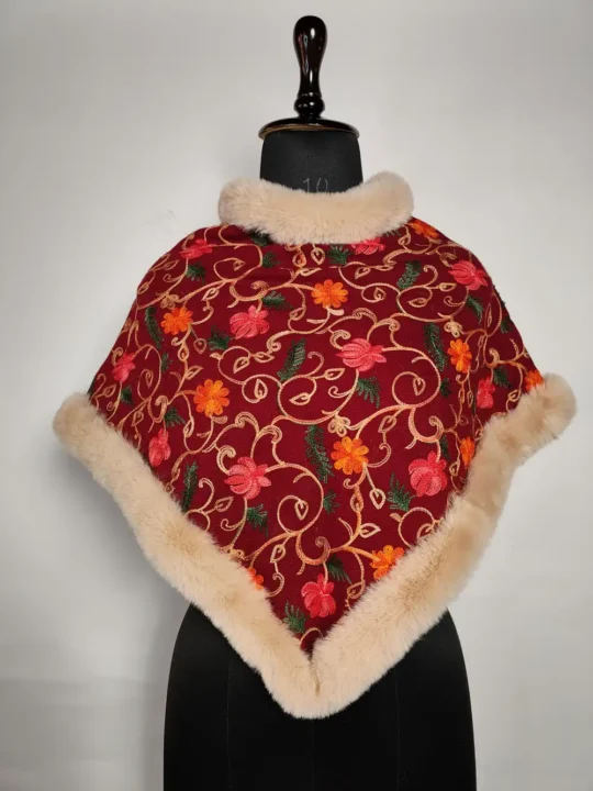 Cashmilon Wool Pakeez Maroon Kids Poncho with Aari Embroidery