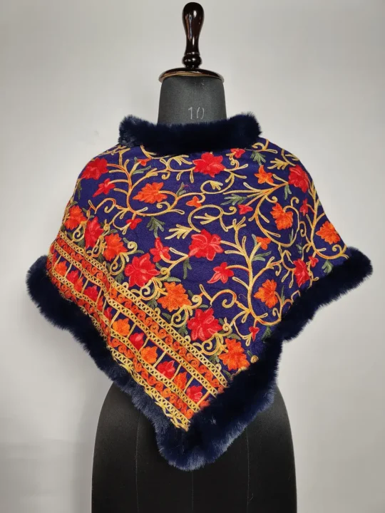 Blue Hafizah Kids Poncho in Cashmilon Wool with Aari Embroidery
