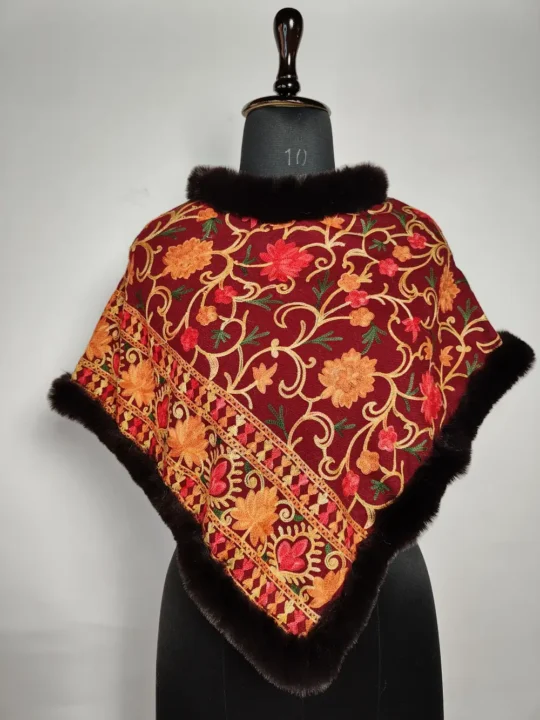 Aari Work Husn Kids Maroon Poncho in Cashmilon Wool