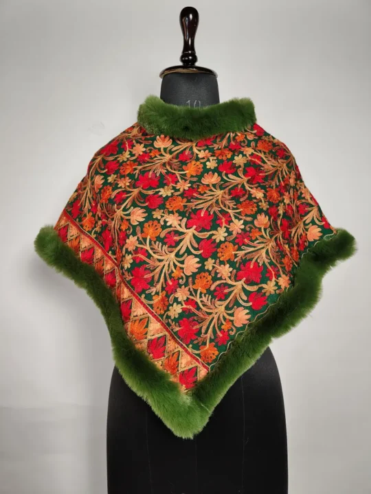 Aari Embroidery Green Cashmilon Wool Kids Poncho