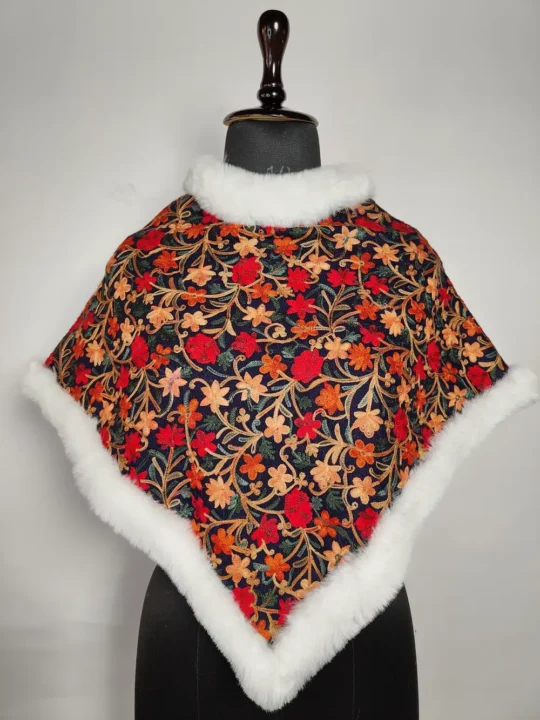 Cashmilon Wool Aari Embroidery Black Poncho for Kids