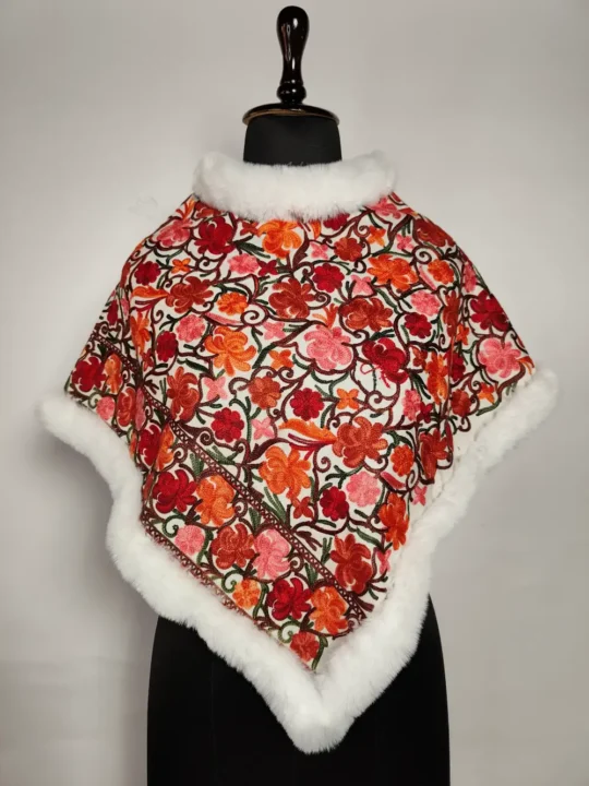 Aari Embroidered Cashmilon Wool White Pakeez Poncho for Kids