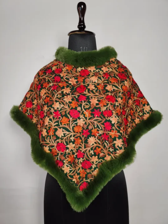 Green Nazakat Green Poncho in Cashmilon Wool Aari Work