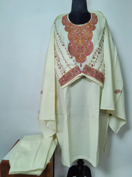 Rubina Cream Cashmilon Wool Sozni Embroidery 3pc Pheran Set