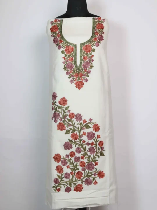 White 2pc Suit in Cashmilon Wool with Front Panel Aari Embroidery