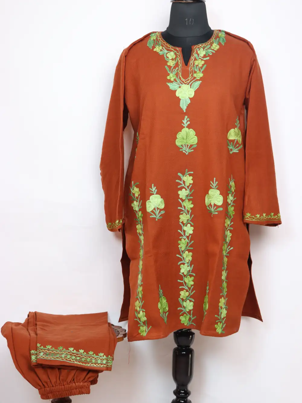 Black Long Hadi Kurti Set in Cashmilon Wool with Booti Aari Embroidery