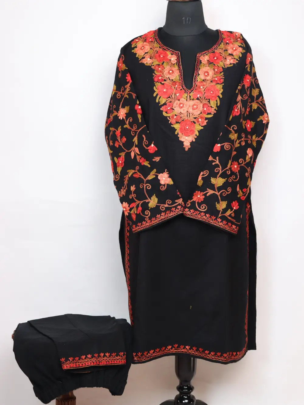 Black Kashmiri Kurti Set in Cashmilon Wool with Aari Work