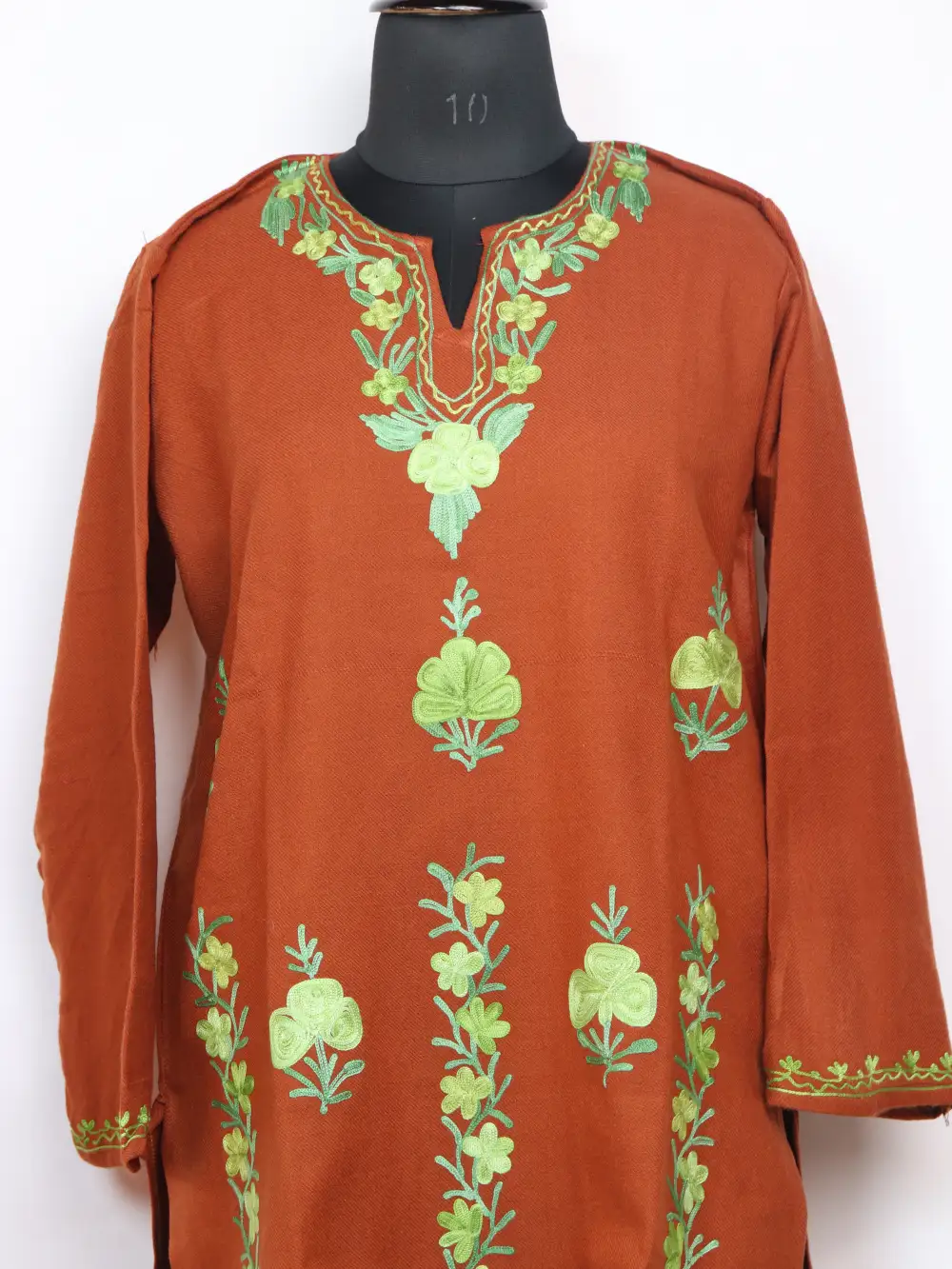 Brown Long Hadi Kurti Set in Cashmilon Wool with Booti Aari Embroidery - Image 2