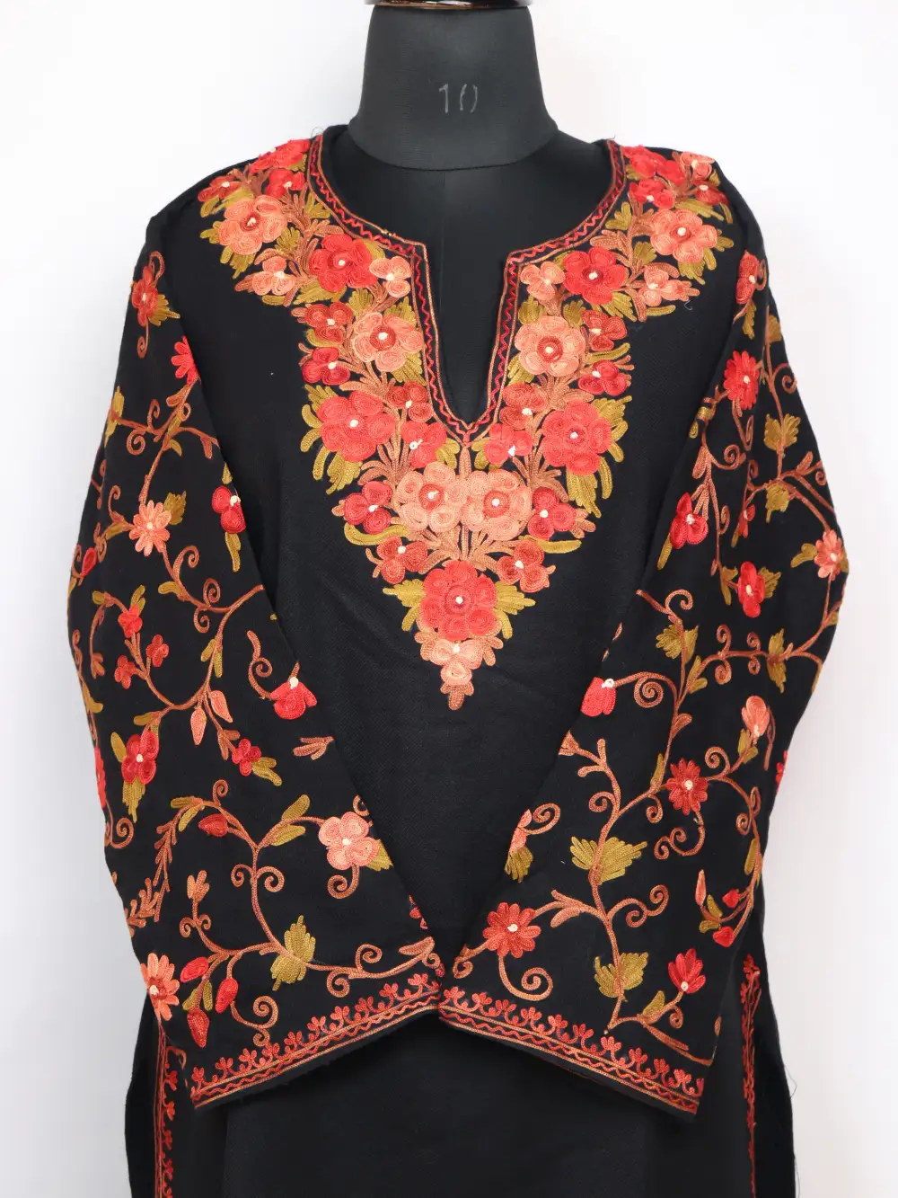 Black Long Kashmiri Kurti Set in Cashmilon Wool with Designer Sleeve Aari Work - Image 2