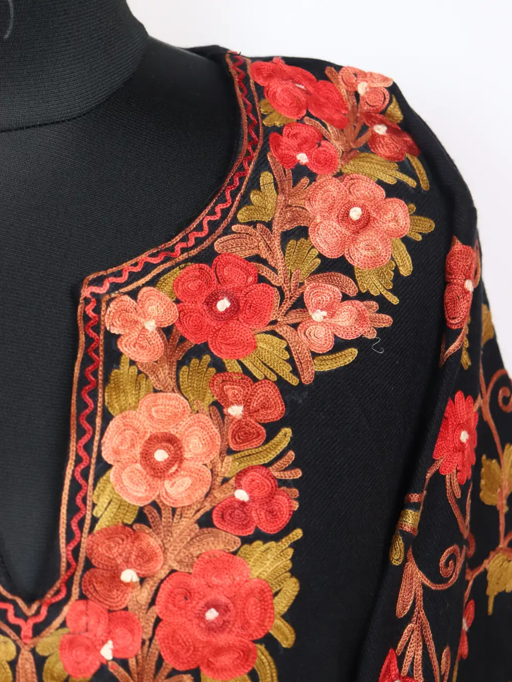 Black Long Kashmiri Kurti Set in Cashmilon Wool with Designer Sleeve Aari Work - Image 3