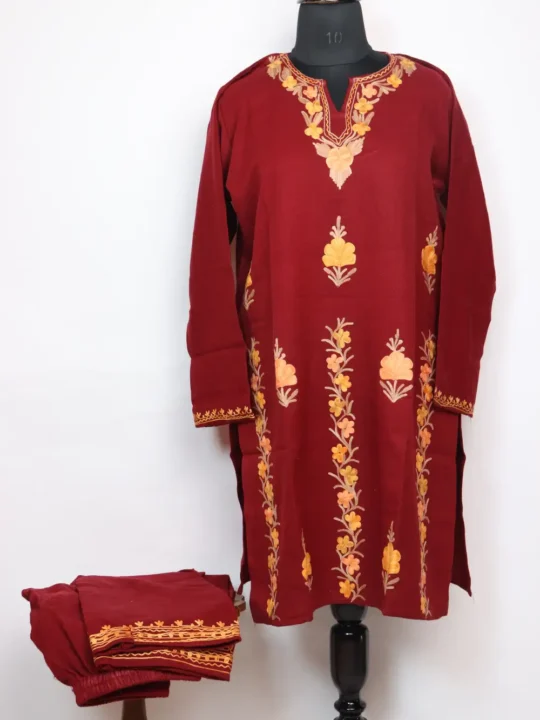 Long Inaya Maroon Kurti Set in Cashmilon Wool with Booti Aari Embroidery