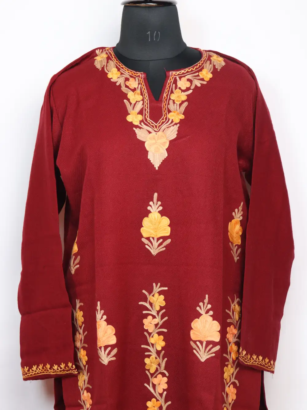 Long Inaya Maroon Kurti Set in Cashmilon Wool with Booti Aari Embroidery - Image 2