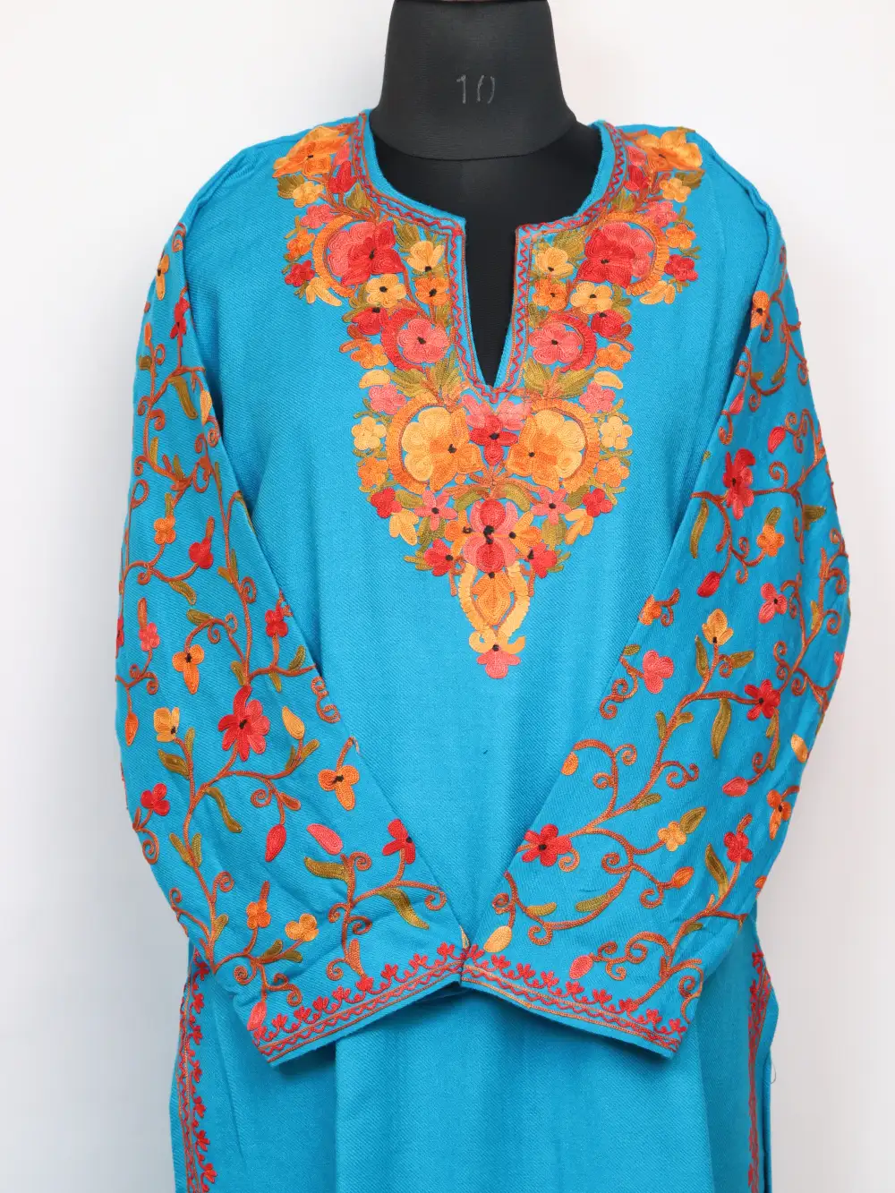 Kashmiri Blue Long Kurti Set in Cashmilon Wool with Designer Sleeve Aari Work - Image 2
