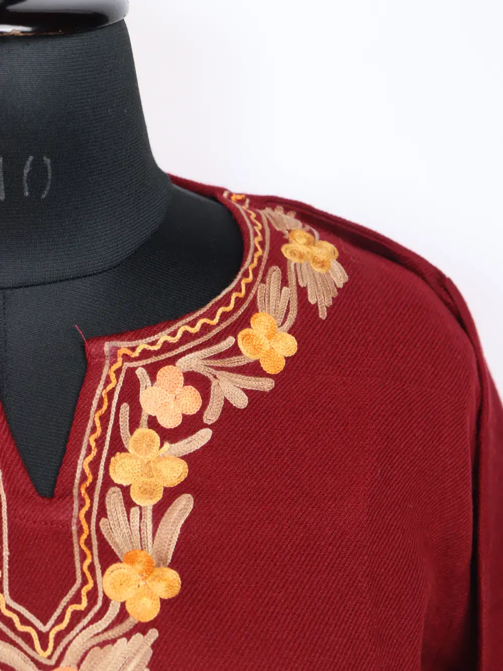 Long Inaya Maroon Kurti Set in Cashmilon Wool with Booti Aari Embroidery - Image 3