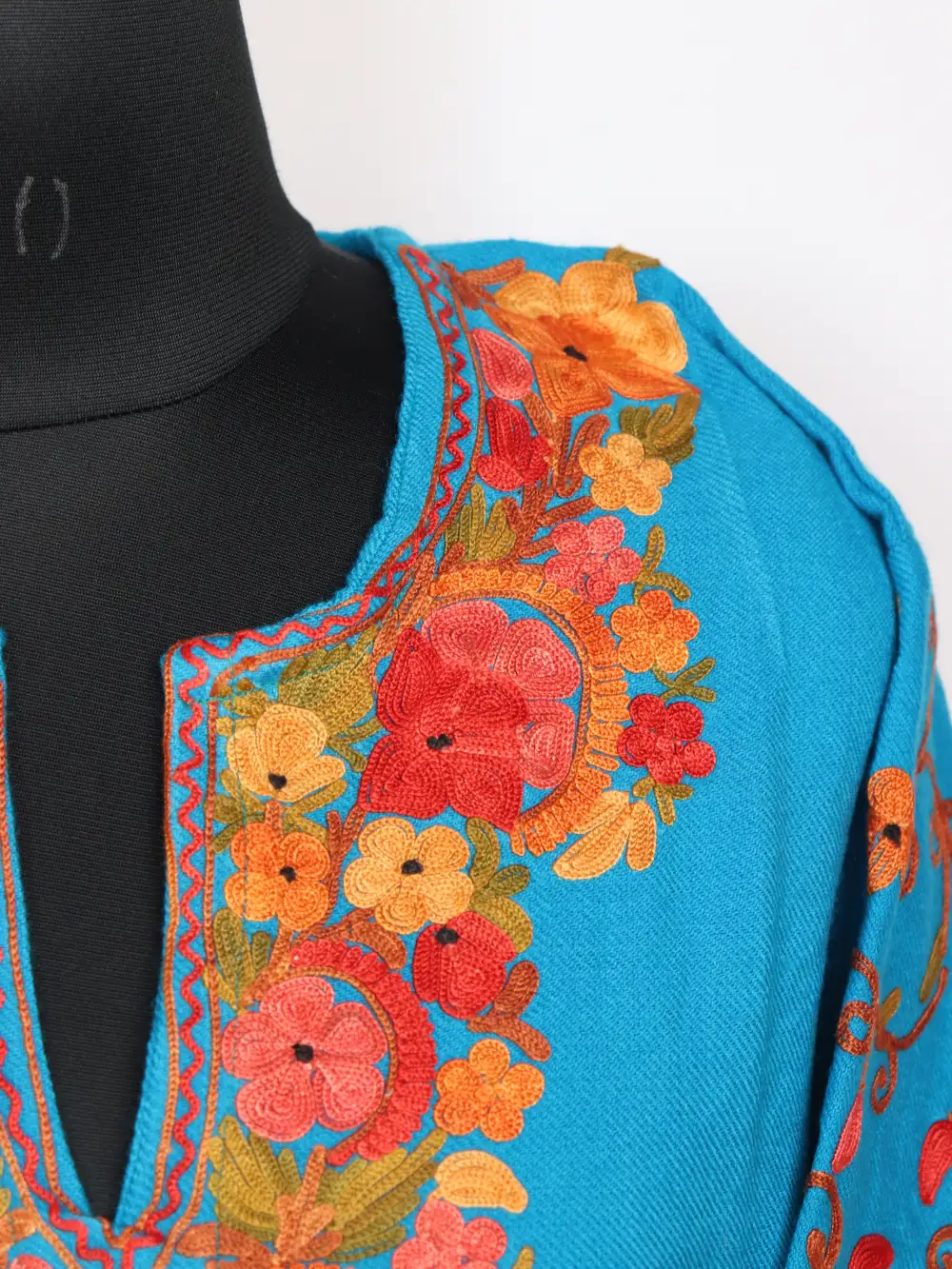 Kashmiri Blue Long Kurti Set in Cashmilon Wool with Designer Sleeve Aari Work - Image 3
