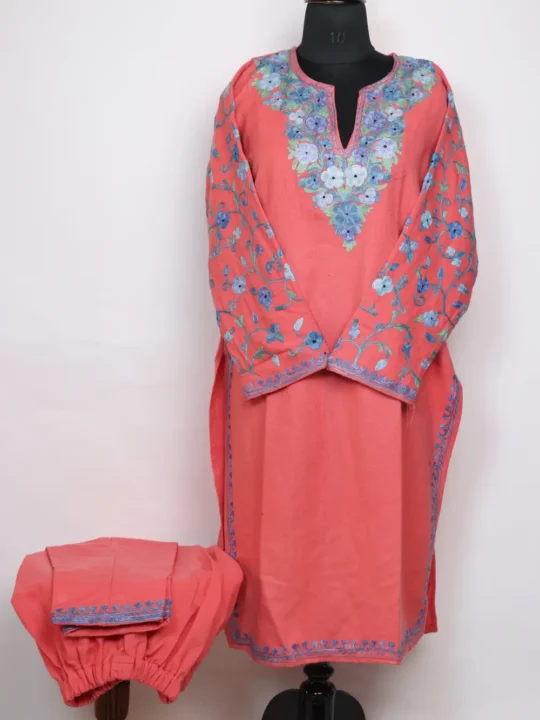Dilruba Pink Kurti Set in Cashmilon Wool with Sleeve Aari Work