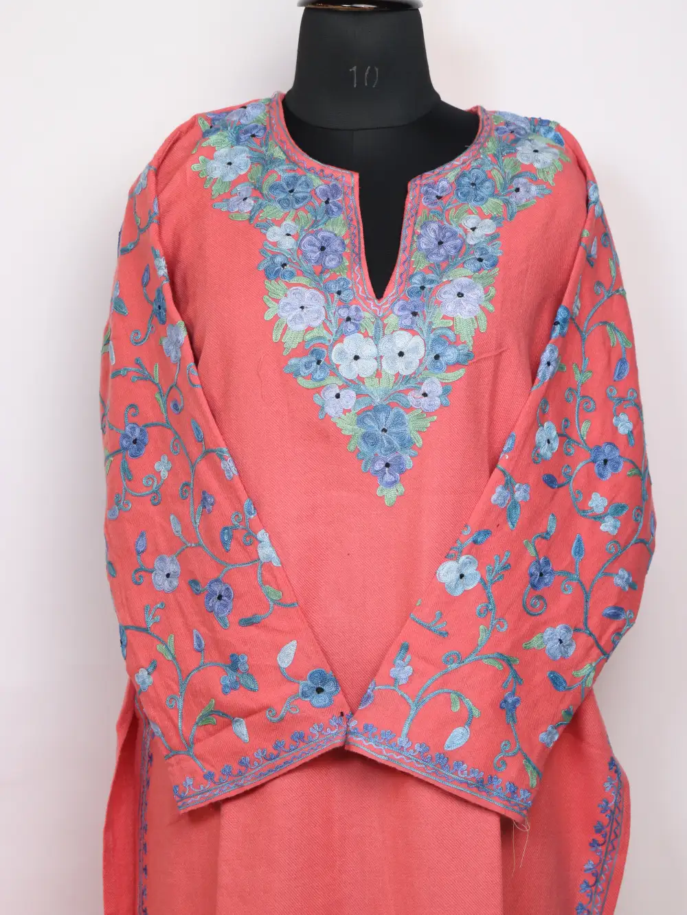 Long Dilruba Pink Kurti Set in Cashmilon Wool with Designer Sleeve Aari Work - Image 2