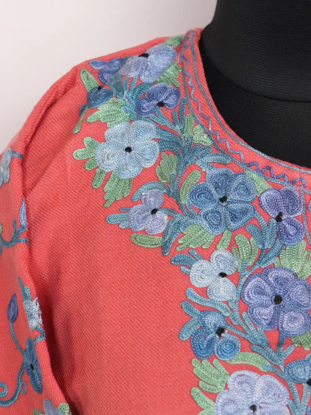 Long Dilruba Pink Kurti Set in Cashmilon Wool with Designer Sleeve Aari Work - Image 3