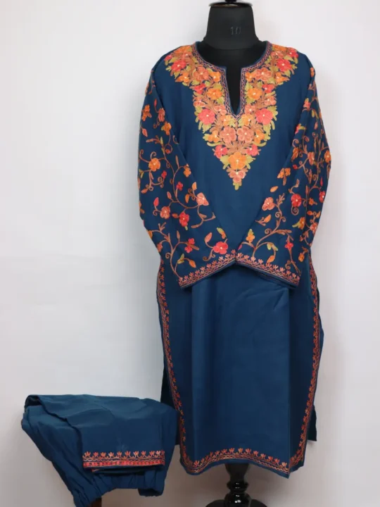 Emaan Kurti Set in Blue Cashmilon Wool with Sleeve Aari Embroidery