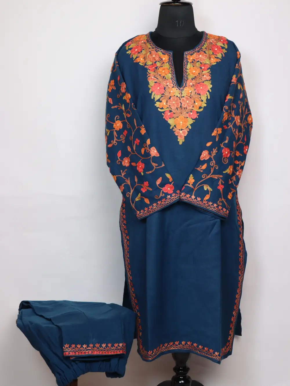 Emaan Kurti Set in Blue Cashmilon Wool with Sleeve Aari Embroidery