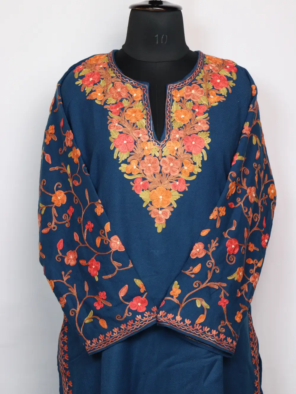 Emaan Long Kurti Set in Blue Cashmilon Wool with Designer Sleeve Aari Embroidery - Image 2