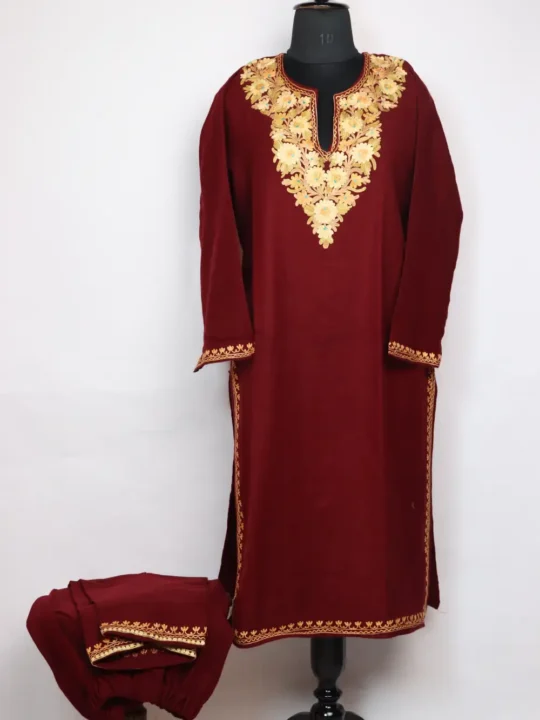 Fariha Kurti Set in Maroon Cashmilon Wool with Sleeve Aari Embroidery
