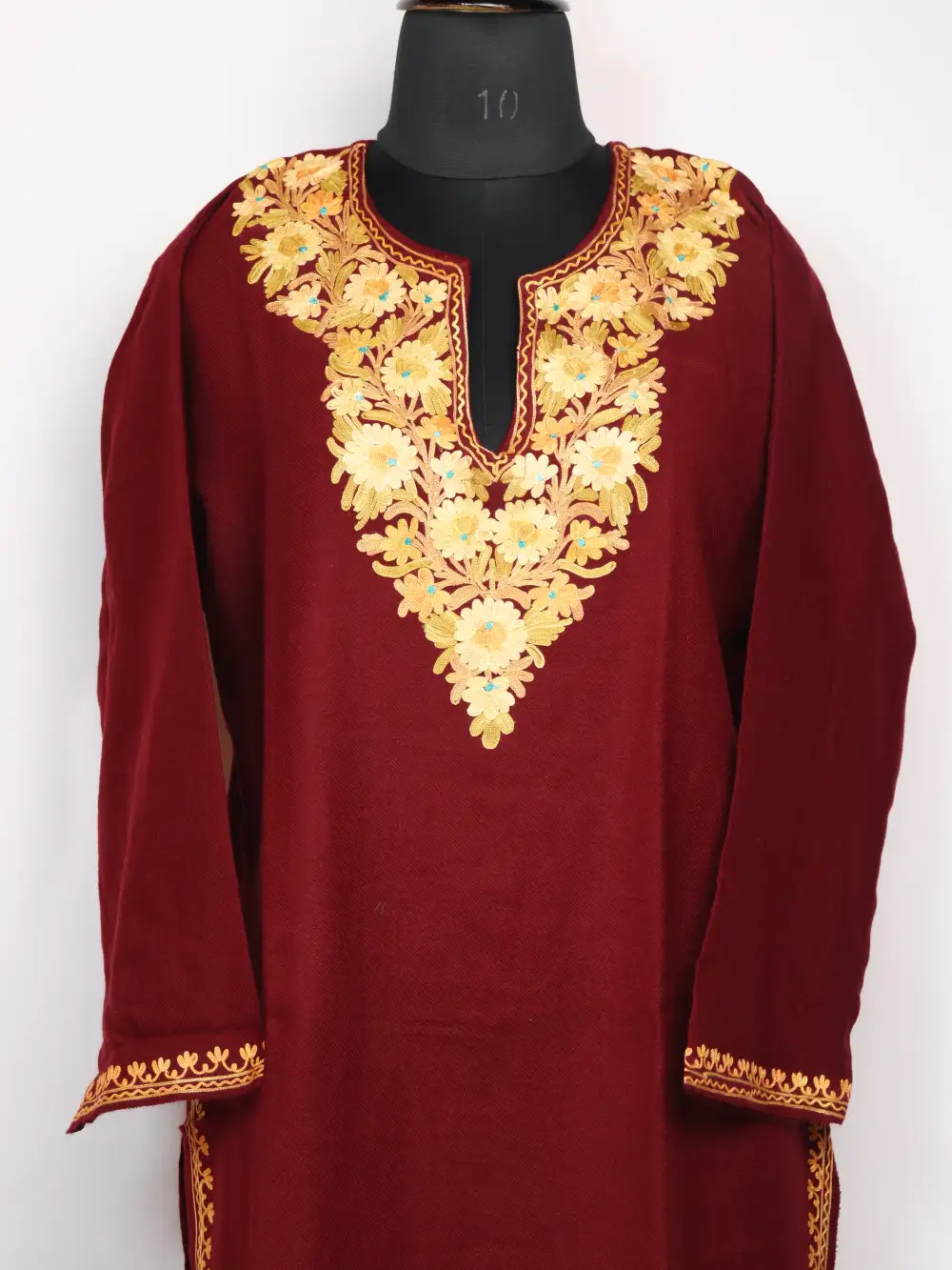 Fariha Long Kurti Set in Maroon Cashmilon Wool with Designer Sleeve Aari Embroidery - Image 2