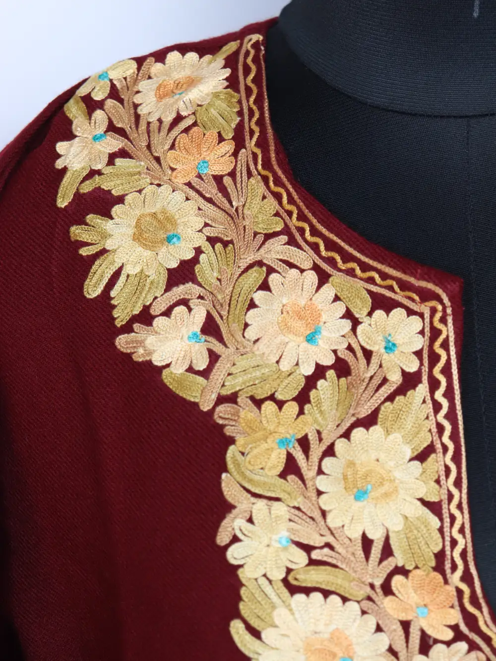 Fariha Long Kurti Set in Maroon Cashmilon Wool with Designer Sleeve Aari Embroidery - Image 3