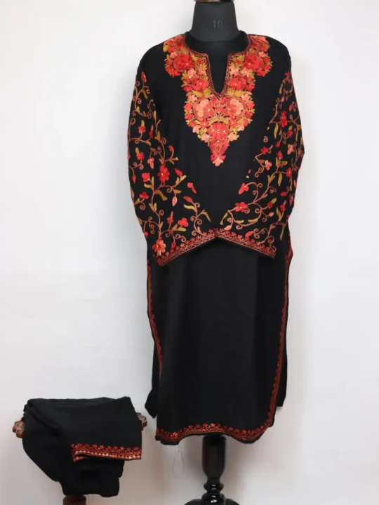 Black Gulrukh Kurti Set in Cashmilon Wool with Sleeve Aari Embroidery