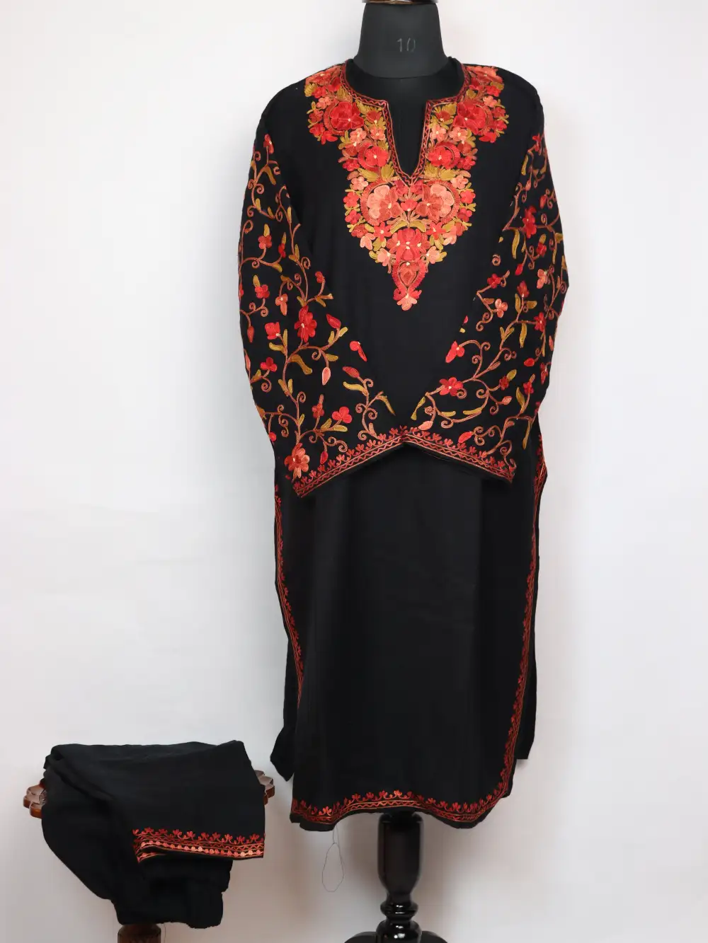 Black Gulrukh Kurti Set in Cashmilon Wool with Sleeve Aari Embroidery
