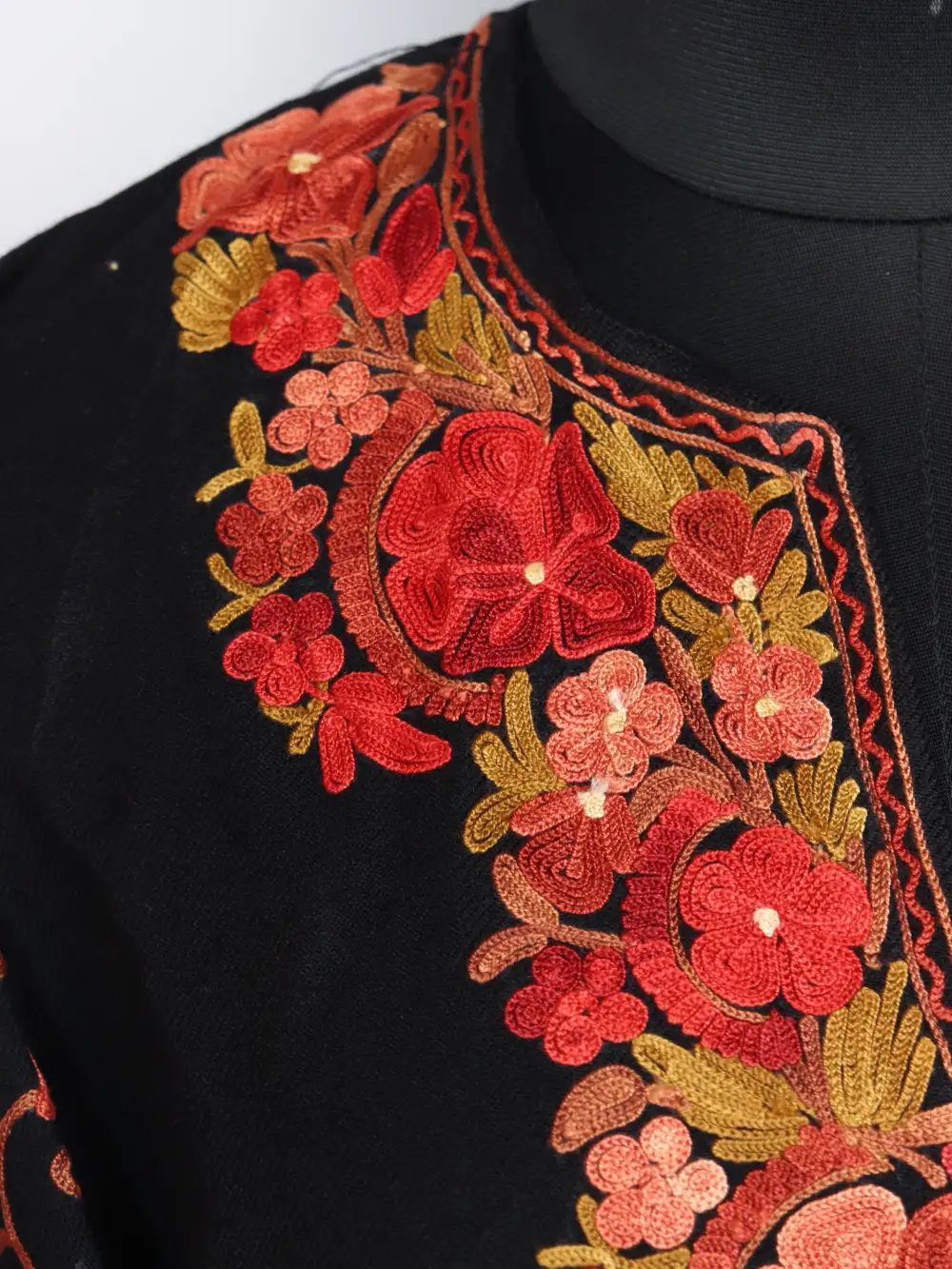 Black Gulrukh Long Kurti Set in Cashmilon Wool with Designer Sleeve Aari Embroidery - Image 3