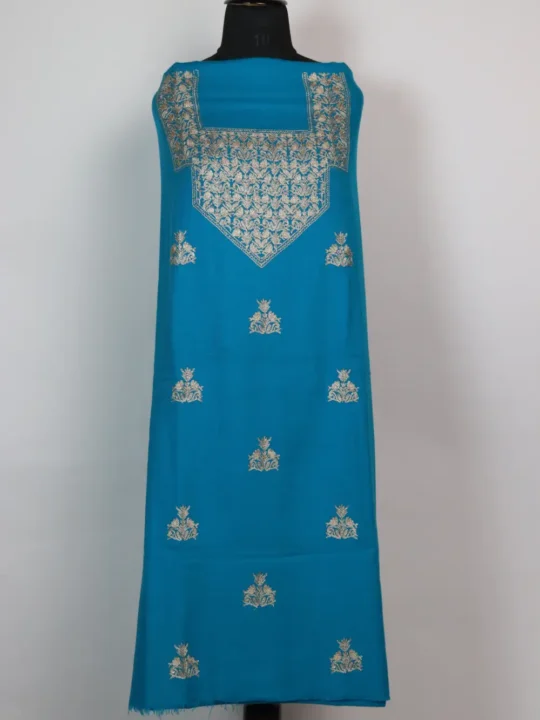Blue 2pc Suit with Zari Booti Work in Cashmilon Wool