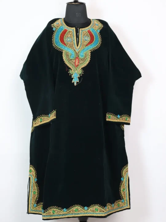 Dark Green Velvet Dabka Work Qoraab Pheran from Kashmir