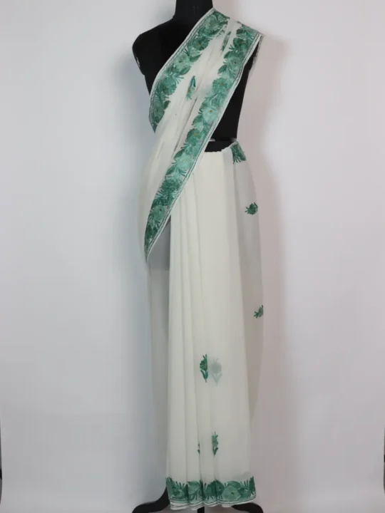 White Georgette Saree with Elegant Aari Embroidery