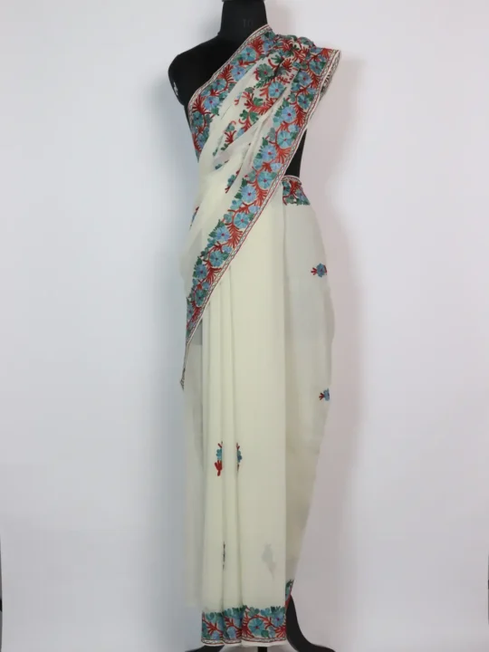 Maahir Georgette Ball Design White Saree with Elegant Aari Embroidery