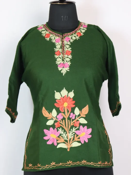 Nazakat Kids Green Cashmilon Wool Kurta Aari Work