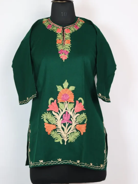 Baby Girl Dark Green Cashmilon Wool Hafiz Dress with Aari Work (7-8years)