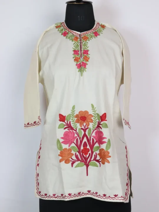 Baby Girl White Cashmilon Wool Kurta with Aari Work (7-8years)