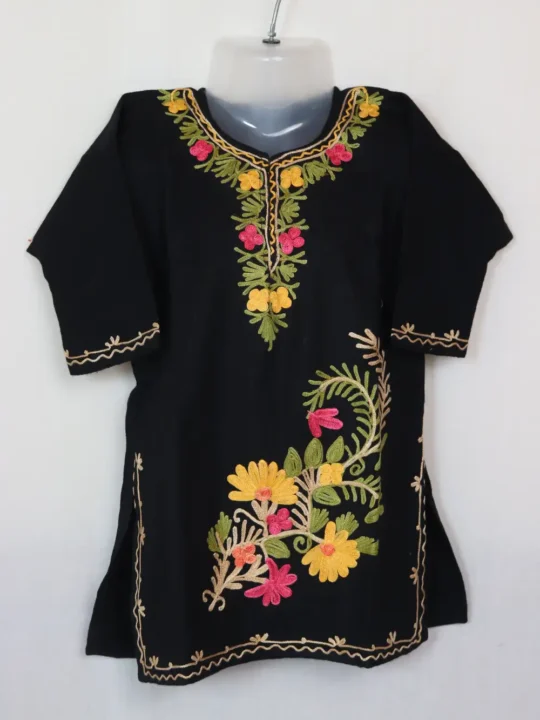 Black Cashmilon Baby Girls Winter Wear Kurta with Aari Work (2-3years)