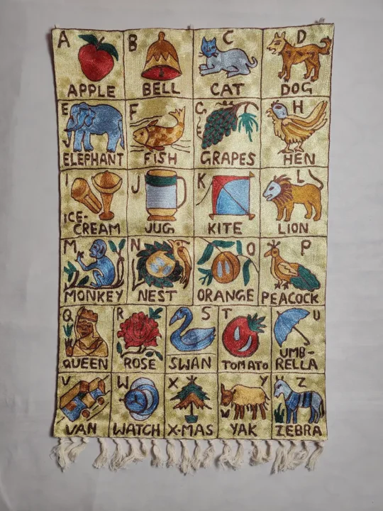 Hand Chain Stitch Embroidery Nursery Kashmiri Rug for Kids